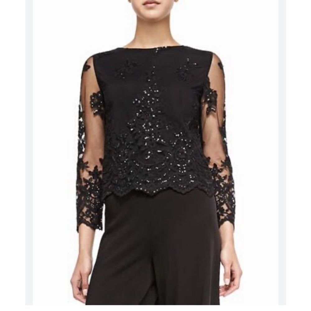 Alice and Olivia Ava sheer lace sleeve embroidered sequined top